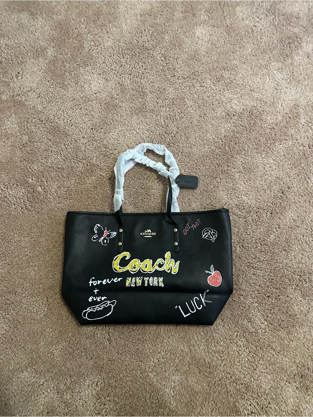 Coach Black Leather Graffiti Tote with Yellow Logo Accents